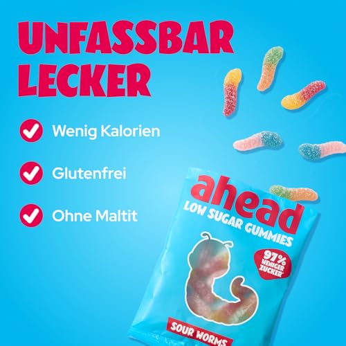 ahead Sour Worms Gummibärchen | Fruchtgummi 18 × 50 g | Gummibärchen ohne Zuckerzusatz | Nur 1 g Zucker & 78 kcal pro 50 g | saure Fruchtgummi-Würmer & ballaststoffreich