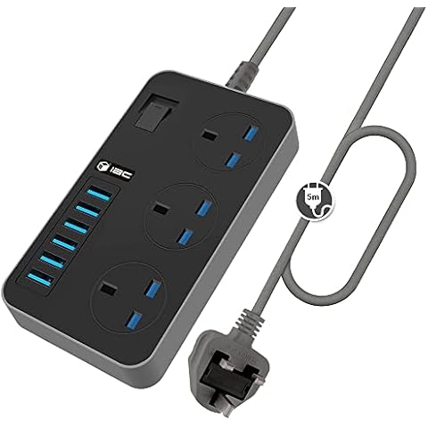 iBlockCube UK Power Strips 3 Way Outlets 6 (3.1A) USB Ports w/Surge Protection Socket Switch Portable Charger 5M/16.4FT Cord UK Plug Wall Adapter Cord w/Fuse & Shutter Extension Lead (Black-Grey) Cover