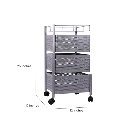 Image of KITCHIVO Kitchen Storage Rack | Revolving Vegetable Rack | Square Multipurpose Storage Trolley with Wheels | Metal Fruit Rack (Silver, 3 Layer)