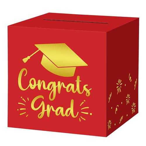 Image of Hooqict Graduation Card Box with Slot 9.1 inch Congrats Grad Red Gold Money Card Box for Class of 2026 Graduation Decorations Money Envelope Gifts Cards Holder Grad Party Supplies