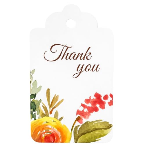 Image of CVANU Floral Thank You Gift Tags (Set of 100), Elegant Flower Design (D11) Hanging Tags with Gold String for Wedding Return Gifts & Small Business Packaging (2.85 x 1.7 Inch)