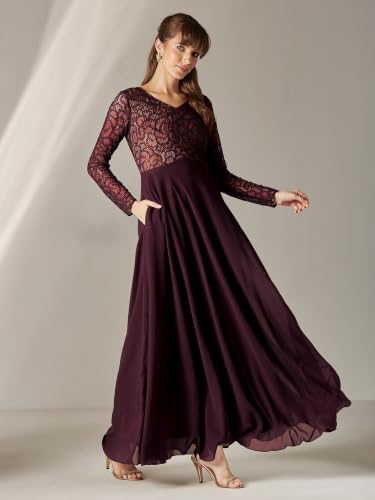 Image of Miss Chase Women's V-Neck Full Sleeve Self Design Lace-Overlaid Georgette Maxi Dress