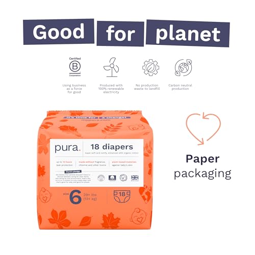 pura size 6 eco-friendly diapers 29 lbs totally chlorine free tcfhypoallergenic soft organic cotton sustainable up to 12 hours leak protection allergy uk 18 count pack of 6total-108