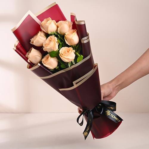 Image of FlowerAura Premium Fresh Live Flower Bouquet of 8 Peach Roses In Designer Paper Gift For Birthday | Anniversary | Love | Home Decor | Fathers Day Gift For Dad (Same Day Delivery)