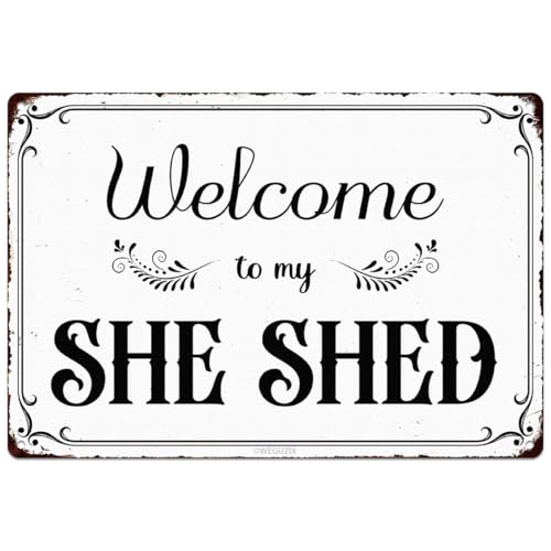 Welcome to my She Shed Sign Retro White Art Print Poster Wall Decor Vintage Garden Metal Signs Outdoor Home Bar Kitchen Cafe Farmhouse 12x8 Inch Aluminium Hanging Plaque