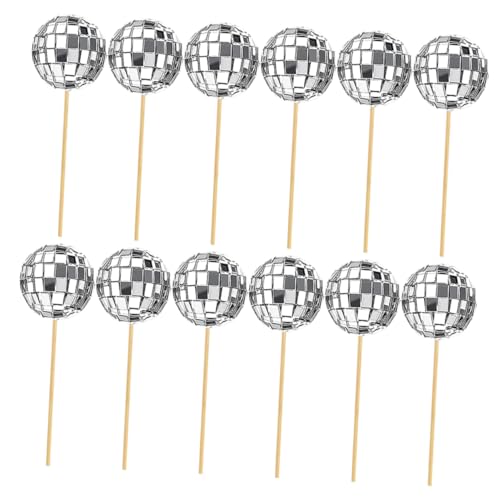 Veemoon 12pcs Disco Ball Cake Decorations Mirror Surface Cupcake Topper Disco Party Cake Ornaments