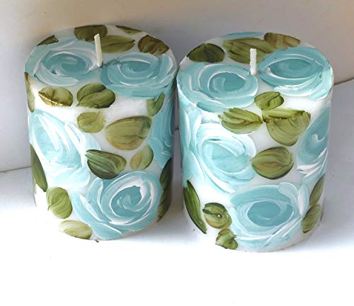 Decorative Single Or Set Short White Pillar Candle With Hand Painted Pale Powder Blue Roses Shabby Chic Decor 2 3/4 Inches High #TOP6