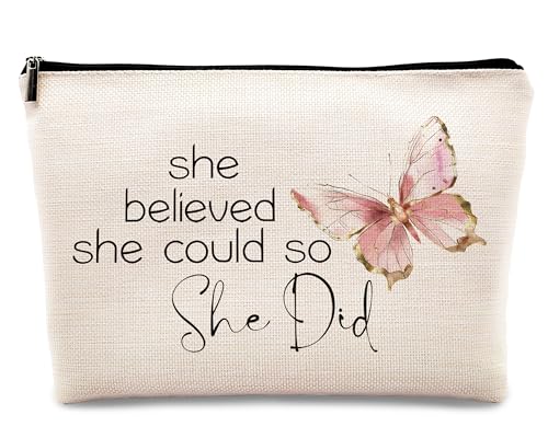kdqua Inspirational Gifts for Women Girls Makeup Bag for Coworker Boss Lady, Graduation Gifts She Believed She Could So She Did Congratulations Encouraging Linen Cosmetic Bag Travel Toiletry Bag