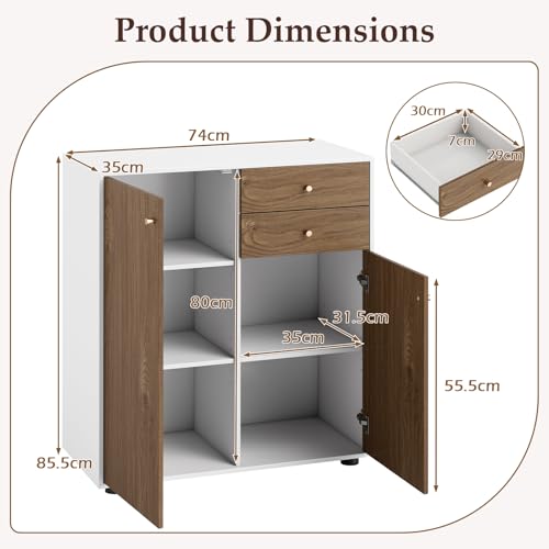 COSTWAY Storage Cabinet | 2-Door Buffet Sideboard with 2 Drawers & Adjustable Shelves | Freestanding Kitchen Organiser Unit - Image 3