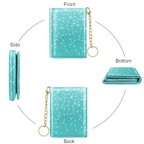 Image of Trifold Small RFID Blocking Wallet Pocket Cute Short Slim Sparkling Credit Card Holder Leather Keychain Ladies Mini Purse with ID Window, Glitter Blue Green
