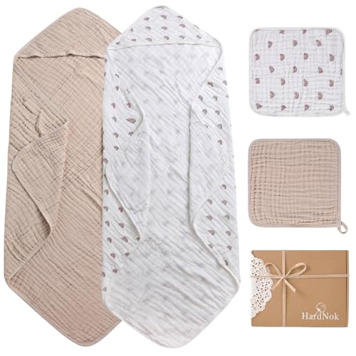 Image of HardNok Muslin Baby Hooded Towels 4 Pack, Premium Muslin 6 Layers Natural Cotton Baby Bath Towels, Soft and Comfortable for Boys,Girls (32 x 32, Boho Rainbow Brown)