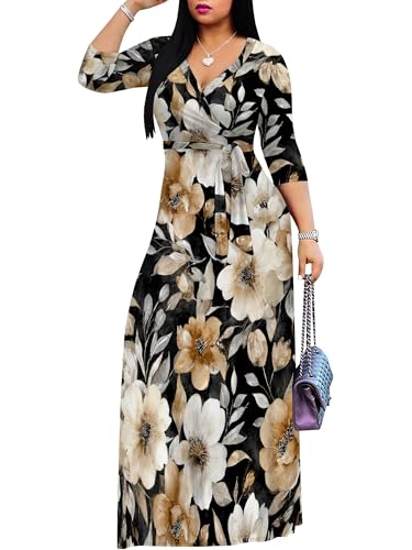 Image of Women's V Neck Floral Maxi Dress 3 /4 Sleeve Plus Size Boho Wrap Flowy Long Dresses with Belt