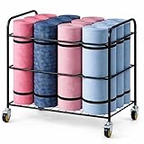 MyGift Yoga Mat Storage Rack with 4 Caster Wheels, Matte Black Rolling Yoga Mat Holder for Floor Workout Exercise Gym, Foam Roller Organizer