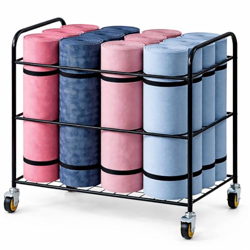 MyGift Yoga Mat Storage Rack with 4 Caster Wheels, Matte Black Rolling Yoga Mat Holder for Floor Workout Exercise Gym, Foam Roller Organizer