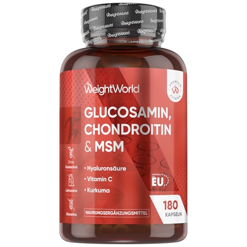 Glucosamin Chondroitin & MSM - 180 Kapseln - 1-2 Kapseln Täglich - Vitamin C trägt zur normalen Kollagenbildung für Knochen & Knorpelfunktion bei (EFSA) - Mit Hyaluron & Bio Kurkuma - WeightWorld