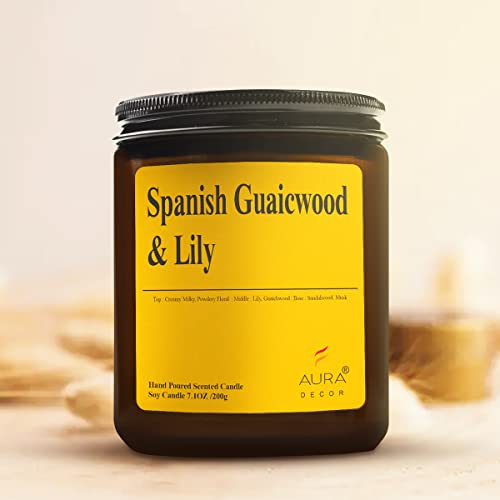 Image of AuraDecor Scented Jar Candle | Handpoured Soy Wax Candle with Long Lasting Burn Time | Premium Amber Jar Aromatherapy Candle | Ideal Gift for Home & Decor (Extra Large, Spanish Guwaicwood & Lily)