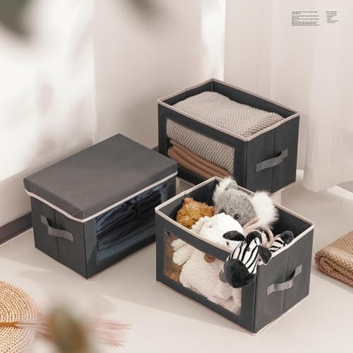 Image of Homsorout Stackable Storage Bins with Lids - Medium Storage Box with Lids, Foldable Closet Boxes for Organizing, Wardrobe Clothes Organizer with Window, Cubes Bins for Living Room, 4 Pack, Dark Grey