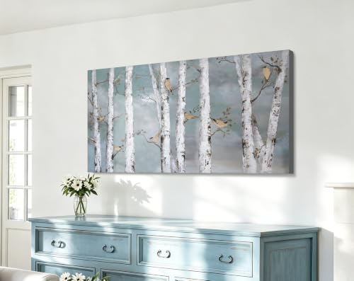Image of Ejart Teal Wall Art Hand-Painted Landscape Forest Oil Painting on Canvas Original Framed Artwork Gold Bird Birch Tree Artwork 'White Birch at Night' for Living Room Bedroom Office Decor 32x16inch