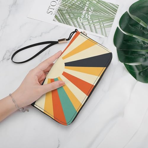 Retro Colorful Sun Ray Minimalist Aesthetic PU Leather Clutch Long Bifold Wallet, Coin Purse Credit Pass Case, Durable Card-Holder Money Storage for Women Men4