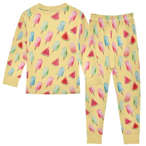 Cartoon Pajamas Set Popsicle Watermelon Yellow Background Pattern Long Sleeve PJs Cotton Jammies Sleepwear Top and Pants2