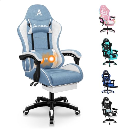ALFORDSON Silla Gamer, Silla de Oficina con masajes, Silla Gamer ergonómica con reposapiés y reposacabezas, cojín Lumbar con masajes, Acolchado Suave, Tela, Azul y Blanco