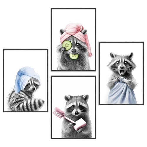 Cumnvulnt 4 Stück Waschbär Wandkunst Leinwandposter, Bad & WC Deko und Poster Toilette, Lustige Badezimmer Bilder, Humorvolle Wandbilder für Badezimmer, Wohnwagen & Mehr, A4 (30×21cm)