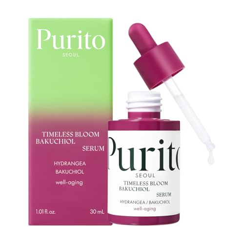 PURITO SEOUL Sérum de Bakuchiol Bloom Timeless, Hydrangea Jeju Coreano, para pieles sensibles, ampollas, reducción de línea fina, suero facial antienvejecimiento para cara, K-Beauty, 30 ml/1 fl.oz