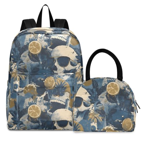 Tropical Skulls Print Backpack Set with Lunch Bag, Large Capacity Travel Backpacks and Lunch Box Insulated for Commute Hiking Picnic