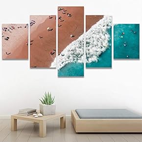 SIGNWIN 5 Panel Canvas Wall Art Beach Blue...