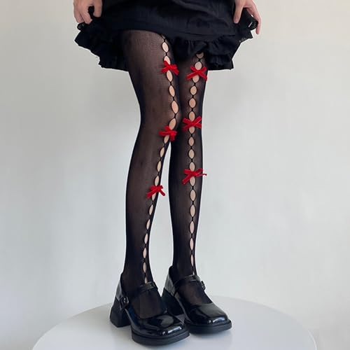 Image of SOLILOQUY Women's Lolita Pattern Tights Kawaii Velvet Bowtie Fishnet Stockings Leggings Mesh Pantyhose Hollow Out lace Socks