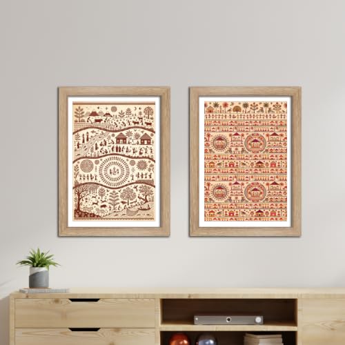 Image of TenorArts Traditional Tribal Folk Art Photo Frame Set of 2 , Indian Rural Arts Decor Wall Hanging Painting For Bedroom Living Room Cafe and Home decor / Minimal Drawing Framed Posters for Decoration (9x12 inches) [T2P-09T]