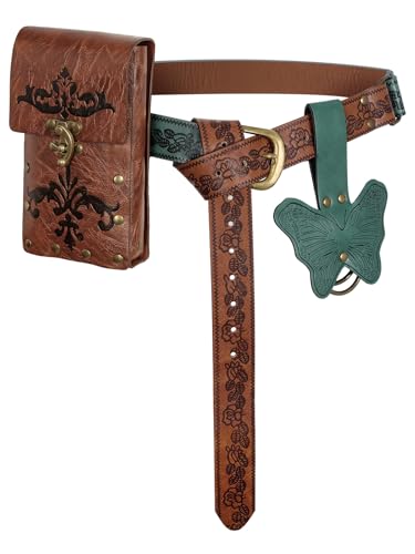 NewRiu 3 Pcs Renaissance Belt Pouch Between Green and Brown Colors Medieval Embossed O Ring Belt&Renaissance Accessories Leather For Ren Faire Accessories Cosplay Edieval Costume (green-1)