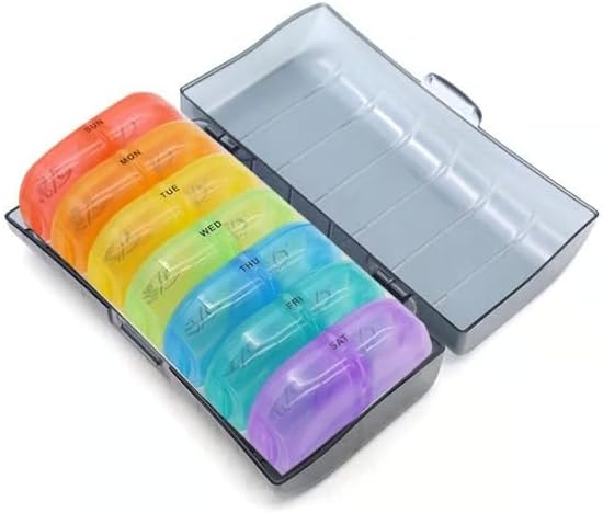 Sakerplus Portable Pill Organizer for Travel, 7-Day Pill Case with 14 Compartments, Pill Holder for Vitamins & Medication, Leak-Proof & Compact Design (Black Shell with Color Grid, 1PC)