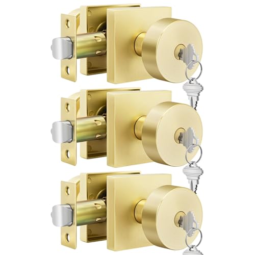 Goldenwarm Zinc Alloy Gold Door Knobs, Keyed Entry Door Knobs 3 Pack