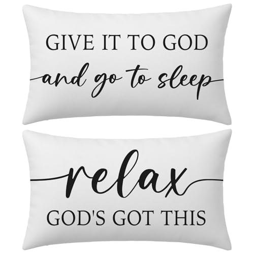 HERHOME Decorative Throw Pillow Covers 12x20 Inch Set of 2 – White Christian Lumbar Pillowcase – Give It to God and Go to Sleep/Relax God’s Got This – Faith Bedroom Bed Decor for Women