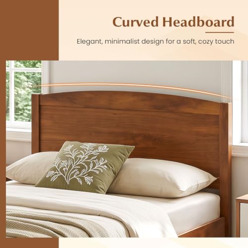 Image of GIANTEX Twin Size Wooden Bed Frame with Curved Headboard, Wood Slat Support
