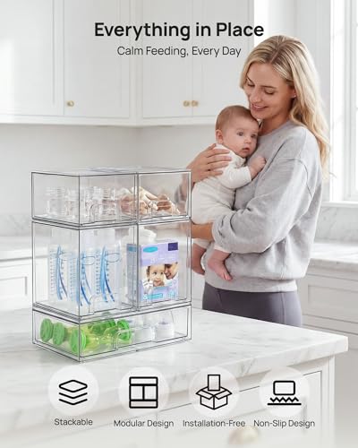 Image of Vtopmart Stackable Storage Drawers Set of 5, Clear Plastic Organizer Bins for Baby Bottle, Beauty Supplies Storage, Ideal for Kichen Countertop, Vanity, Bathroom, Cabinet, Pantry Organization