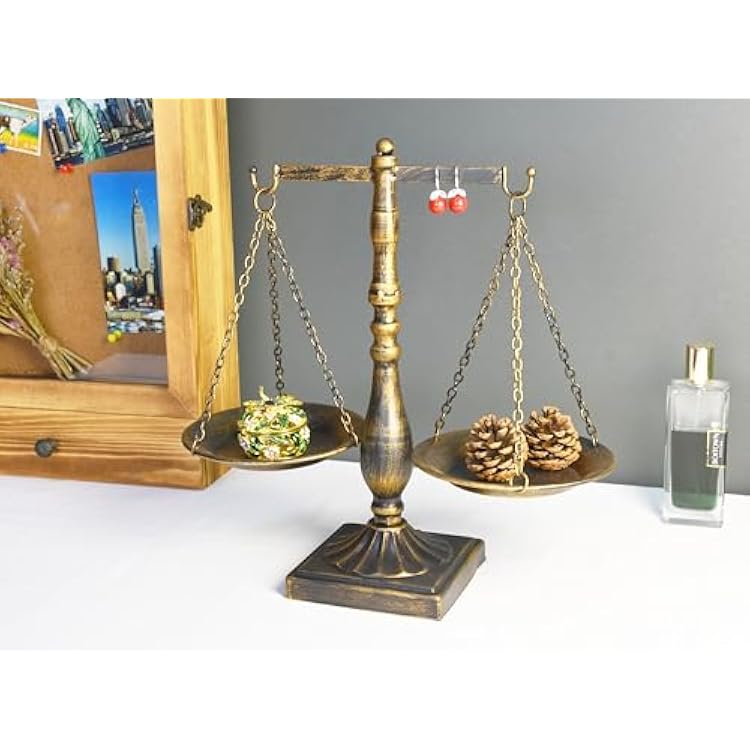 Owlgift Set of 2 Vintage Metal Libra Jewelry Towers Display Cosmetic Organizer Storage, Scale Centerpiece Stand, Antique Jewelry Storage, Farmhouse Candleholder Display Bronze, 7.7 W x 12.1 H