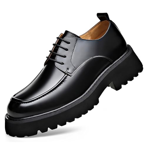 Men's Genuine Leather Platform Slip-On Oxfords Comfortable Round Toe Chunky Heightening Lace Up Loafers Non Slip Lug Sole Casual Business Work Formal Shoes