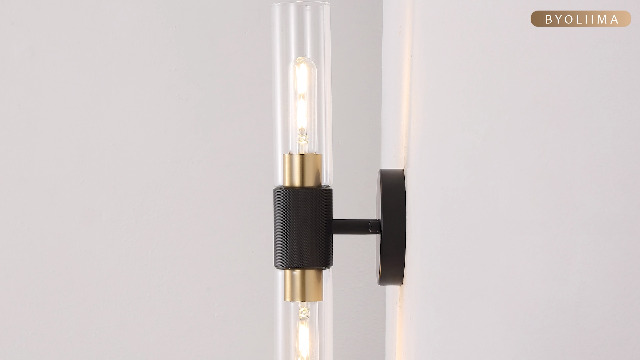 Image of BYOLIIMA Modern Knurled Texture Wall Sconce Clear Glass Shade Modern Gold Black Bathroom Vanity Light Fixtures 2-Lights Mid Century Wall Light for Mirror Living Room Hallway E26 T10 Bulbs(Excluded)