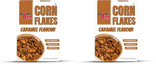 Image of 8AM Corn Flakes Caramel 300 Gram, No Cholesterol, Trans Fat, Artificial Additives, Source Of Fiber, Contains Iron & Zinc, Crunchy & Nutritious Whole Grain Breakfast Cereal (Pack of 2)