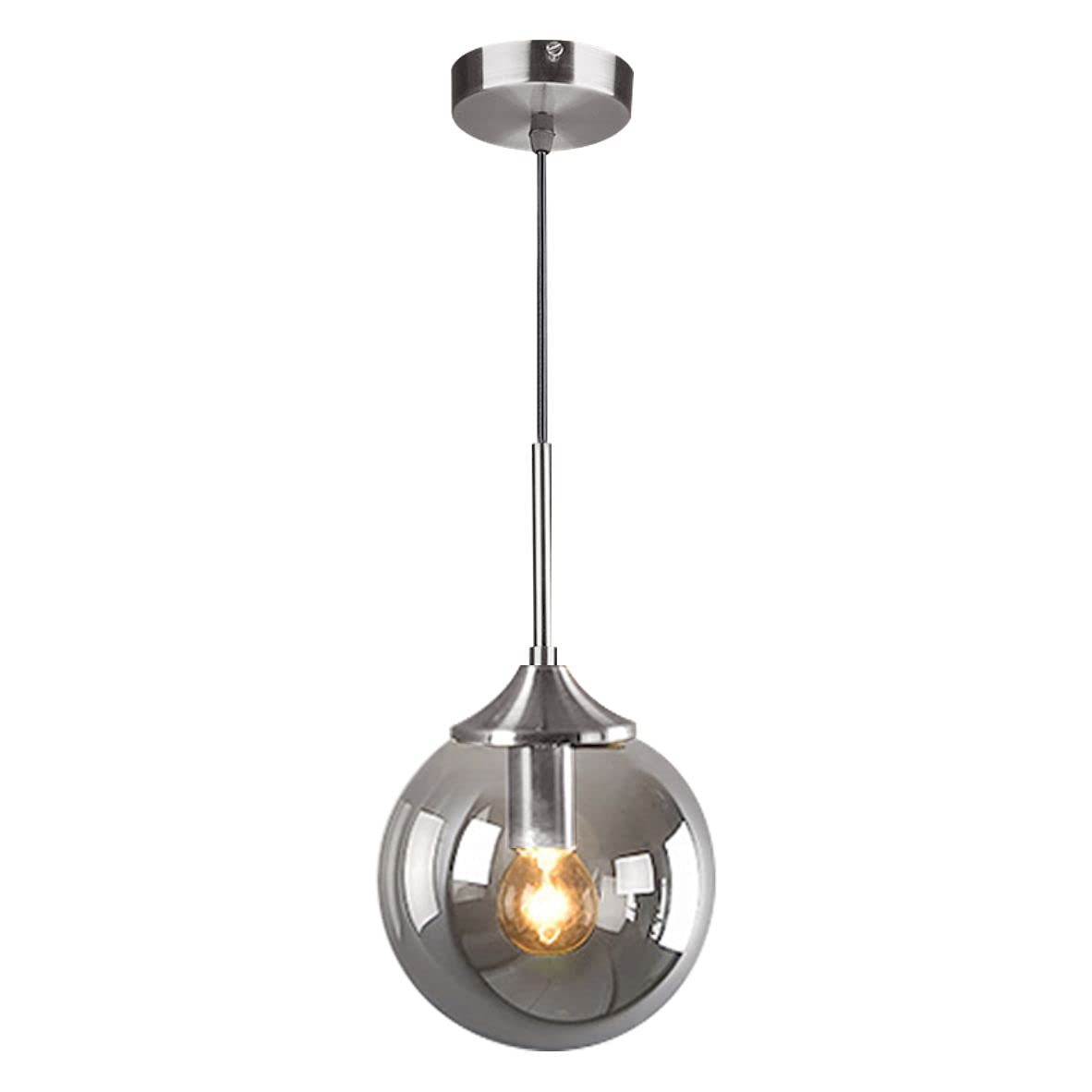 KCO Modern Nordic Hanging Ceiling Light Fixture 1-Light Silver Pendant Light with Glass Globe Adjustable Cord Contemporary Kitchen Island Lighting for Bedroom Living Room Dining Room (Smoke Gray)