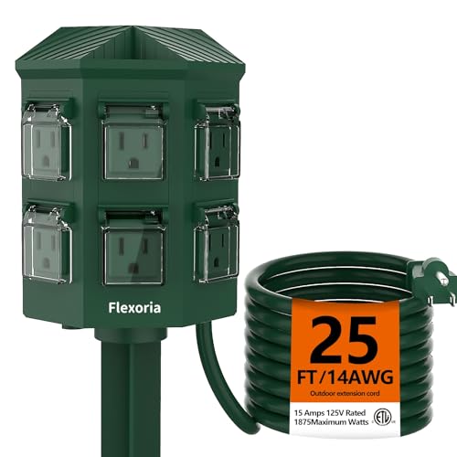 Flexoria Outdoor Power Strip Waterproof 25 FT Heavy Duty Extension Cord 6 Grounded Outlets for Graden and Yard Decorations 15A/1875W ETL Listed