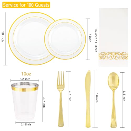 700 Pieces Gold Dinnerware Set - 100 Guests Clear Disposable Dinnerware Set for Party, Wedding, Include: 200 Clear Plates with Gold Trim, 100 Cups, 100 Napkins, 100 Plastic Silverware Sets