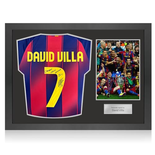 Exclusive Memorabilia Camiseta del Barcelona firmada por David Villa, con inscripción. Marco icónico.