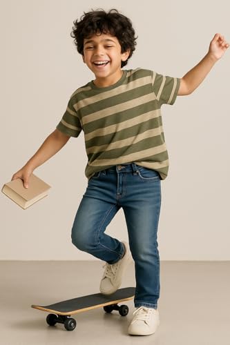 Image of Tales & Stories Boys Slim Fit Denim Jeans | 5-Pocket Stylish Mid-Rise Pants| Durable Cotton Denim Lycra with Button Closure | Casual Wear