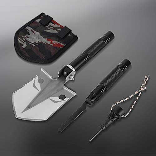 DONGKER Folding Shovel Military Survival Shovel Multitool Portable Tactical Entrenching Tool Compact Backpacking for Hunting, Camping, Hiking, Fishing, Gardening Car Emergency, 33"&19" (Black-S)