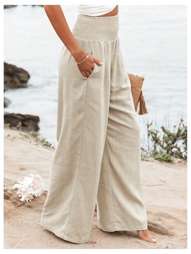 GORGLITTER Women's Plus Size Pleated Wide Leg Linen Pants Baggy Shirred Elastic Waist Trousers with Pockets2