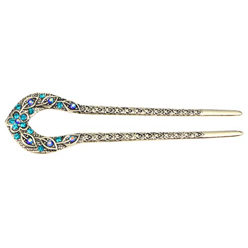 KALLORY Vintage U Shaped Hair Pin Crystal Chignon Pin Mental Hair Pin Fork Sticks for Women Girls, Blue