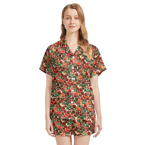 Image of Funny Pajamas for Women Set Print Satin Loungewear Pjs Short Sleeve Button Down Top and Shorts Sets Sleepwear XS-3XL